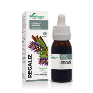 Extrato Natural de Alcaçuz Soria Natural, suplemento alimentar líquido à base de raiz de alcaçuz, em embalagem de 50 ml.