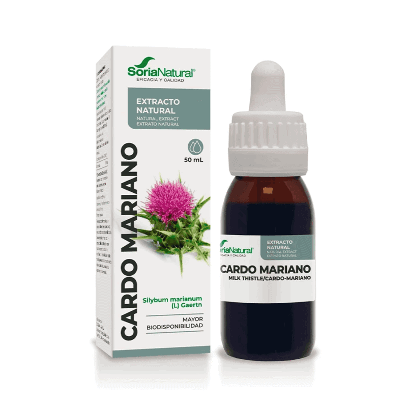 Frasco do Extrato Natural de Cardo Mariano 50ml da Soria Natural, suplemento líquido para suporte hepático e detox natural.