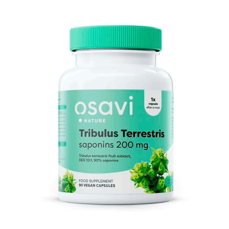 Frasco do Tribulus Terrestris Saponins 200mg com 90 cápsulas veganas da Osavi, suporte para vitalidade e desempenho físico.