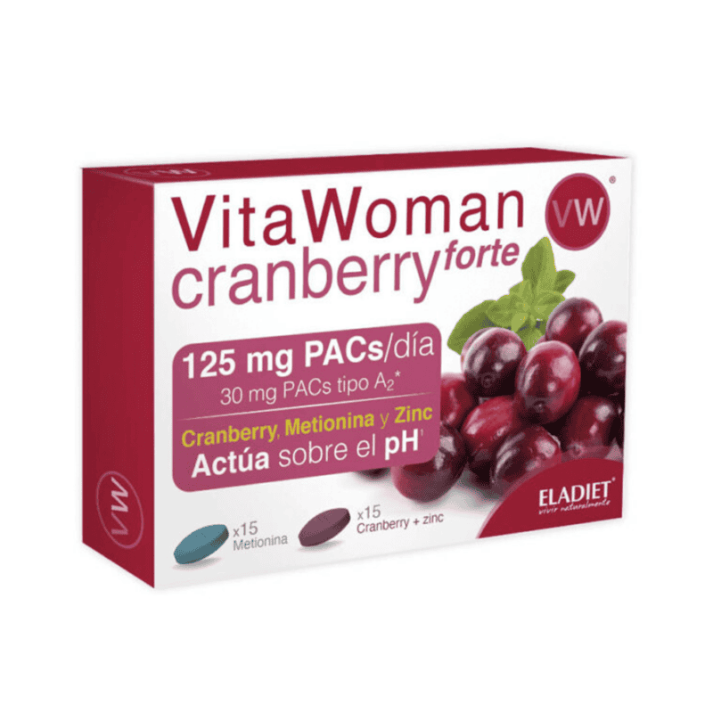 Embalagem do Vita Woman Cranberry Forte 15+15 comprimidos da Eladiet, suporte para a saúde urinária e bem-estar feminino.