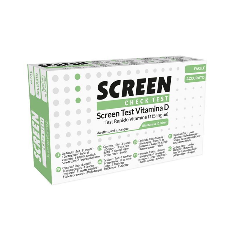 Embalagem do Auto-Teste Vitamina D 1 Kit da Screen Pharma, teste rápido para avaliar os níveis de vitamina D no organismo.