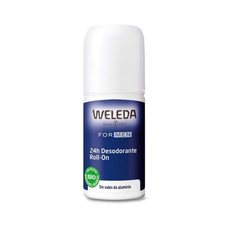 Frasco do Desodorizante 24H Roll-On Homem da Weleda, proteção natural contra odores com fragrância refrescante masculina.