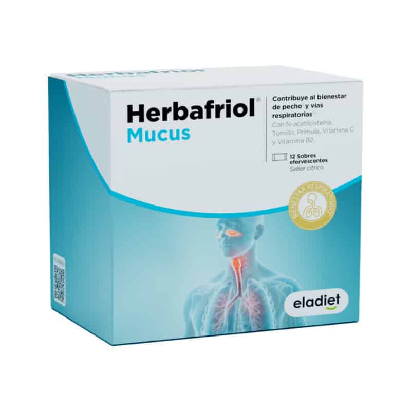 Embalagem do Herbafriol Mucus com 12 saquetas da Eladiet, suplemento em pó para alívio da tosse com expetoração.
