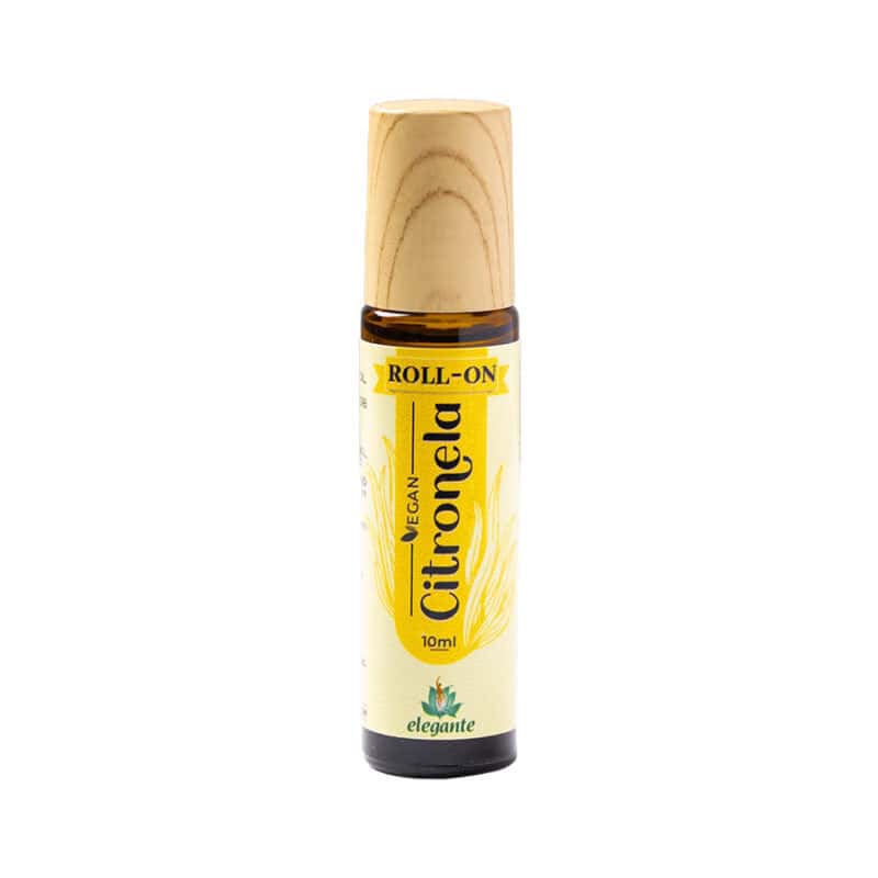 Frasco do Roll-On Citronela 10ml da Elegante F. J. Campos, óleo essencial natural com ação repelente e aroma fresco.