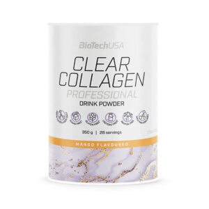 Embalagem do Clear Collagen Professional Drink Powder 350g sabor manga da Biotech USA, suplemento de colagénio hidrolisado em pó.