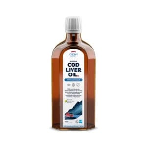 Frasco do Óleo de Fígado de Bacalhau 1000mg com 250ml da Osavi, suplemento líquido rico em vitaminas A e D e ómega-3.