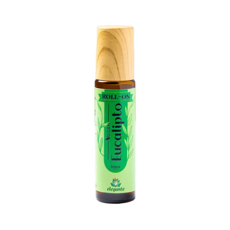 Frasco do Roll-On Eucalipto 10ml da Elegante F. J. Campos, óleo essencial refrescante em aplicação prática para uso diário.