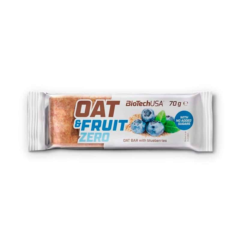 Embalagem da barra Oat and Fruit 70g sabor mirtilo da Biotech USA, snack nutritivo com aveia e fruta.