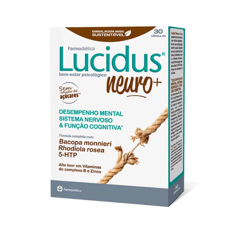 Frasco do Lucidus Neuro+ com 30 cápsulas da Farmodiética, suplemento para suporte da memória, concentração e desempenho cognitivo.