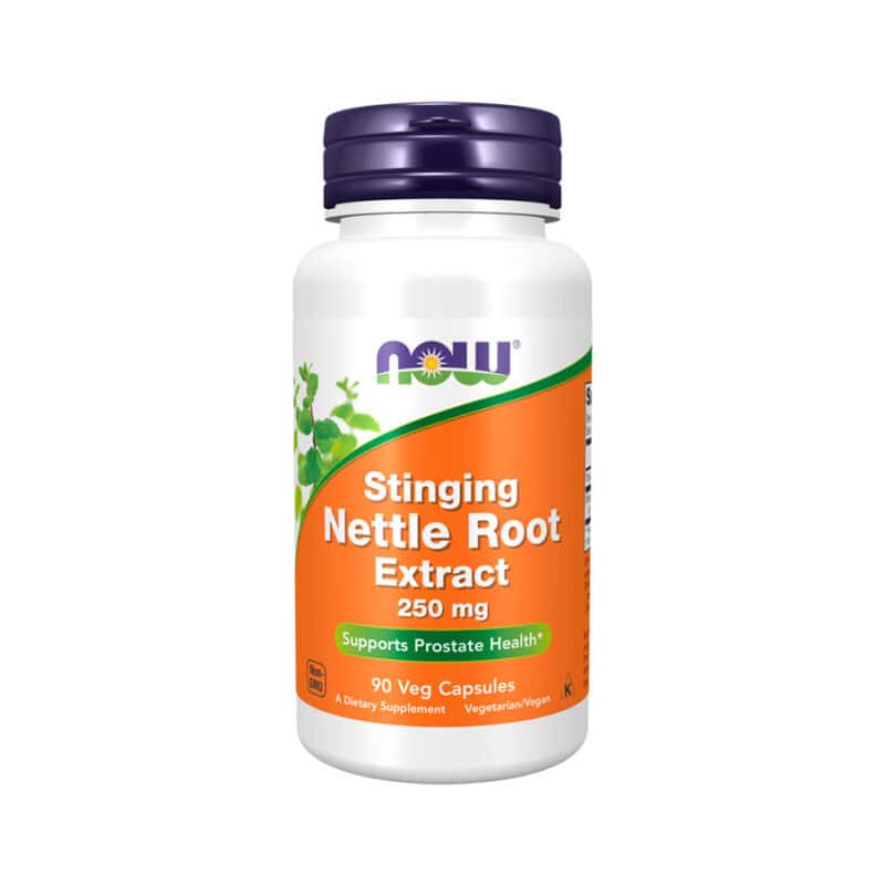 Frasco do Stinging Nettle Root Extract 250mg com 90 cápsulas da Now, suplemento natural para suporte urinário e prostático.