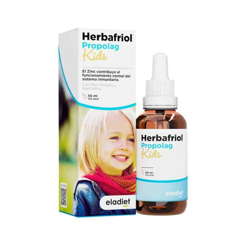 Frasco do Herbafriol Propolag Kids 50ml da Eladiet, suplemento natural infantil para proteger a garganta e reforçar a imunidade.