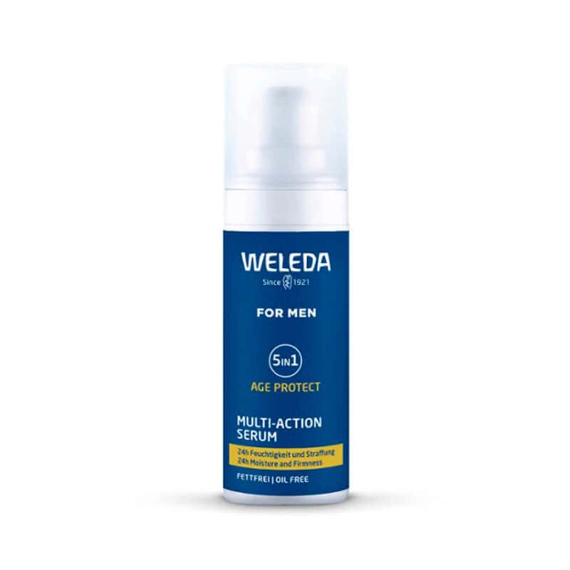 Frasco do Sérum Multi Ação 5 em 1 Homem da Weleda, cuidado intensivo para hidratação, firmeza e proteção da pele masculina."