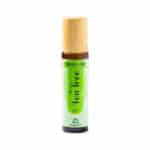 Frasco do Roll-On Tea Tree 10ml da Elegante F. J. Campos, aplicação prática de óleo essencial de árvore-do-chá.