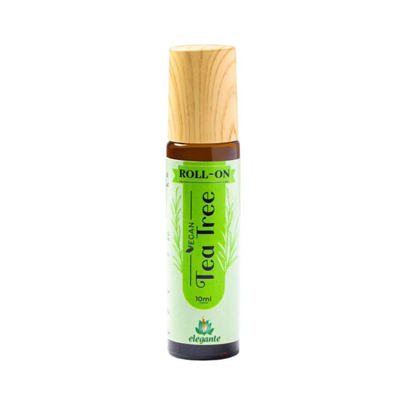 Frasco do Roll-On Tea Tree 10ml da Elegante F. J. Campos, aplicação prática de óleo essencial de árvore-do-chá.