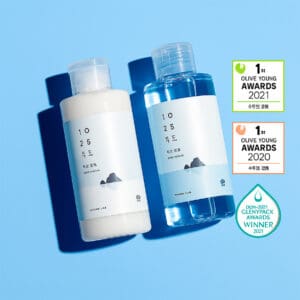 Frascos do 1025 Dokdo Tónico e Loção 200ml da Round Lab, cuidados diários para hidratar, acalmar e fortalecer a pele.