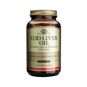 Frasco do Óleo de Fígado de Bacalhau com 250 cápsulas da Solgar, fonte natural de vitaminas A e D e ácidos gordos essenciais.