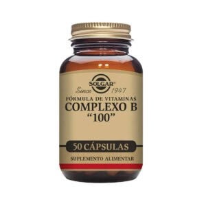 Frasco do Complexo B-100 com 50 cápsulas da Solgar, suplemento com todas as vitaminas do complexo B para energia e sistema nervoso.