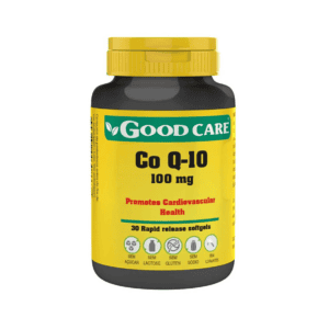 Frasco da Coenzima Q10 100mg com 30 cápsulas da Good Care, suplemento antioxidante para energia celular e saúde cardiovascular.