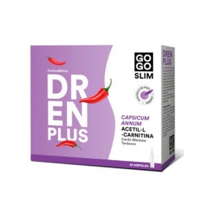 Embalagem do Go Go Slim DrenPlus com 20 ampolas da Farmodiética, suplemento drenante natural para retenção de líquidos e detox.