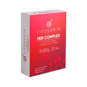 Frasco do Fer Complex 14mg com 30 cápsulas da Liposomia, suplemento lipossomal de ferro para combater a fadiga e apoiar a formação de glóbulos vermelhos.