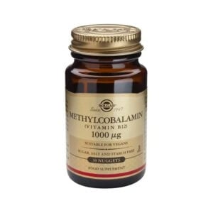 Frasco da Vitamina B12 Metilcobalamina 1000mcg com 30 comprimidos da Solgar, suplemento para energia, sistema nervoso e metabolismo.