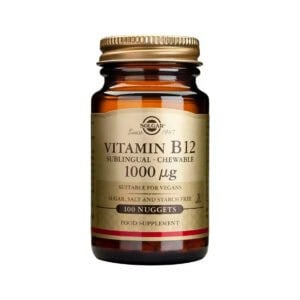 Frasco da Vitamina B12 1000mcg com 100 comprimidos da Solgar, suplemento para energia, sistema nervoso e vitalidade.
