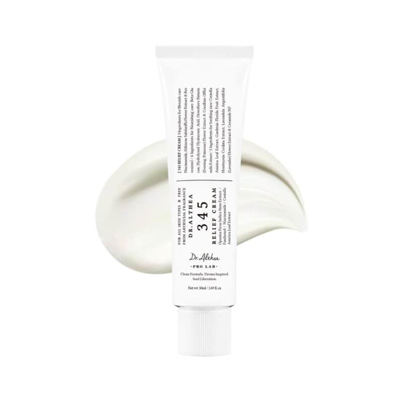 Frasco do 345 Relief Cream 50ml da Dr. Althea, creme calmante para pele sensível, com ingredientes naturais e textura leve.