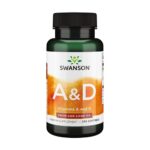Frasco de Vitaminas A e D com 250 cápsulas da Swanson, suplemento essencial para imunidade e visão.