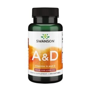 Frasco de Vitaminas A e D com 250 cápsulas da Swanson, suplemento essencial para imunidade e visão.