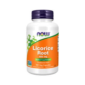 Frasco de Licorice Root 450mg com 100 cápsulas da Now, suplemento natural à base de raiz de alcaçuz para apoio digestivo e imunitário.
