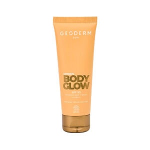 Frasco do Protetor Solar Mineral Body Glow SPF 50 75ml da Geoderm, protetor natural para o corpo com efeito iluminador.
