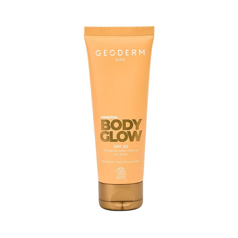 Frasco do Protetor Solar Mineral Body Glow SPF 50 75ml da Geoderm, protetor natural para o corpo com efeito iluminador.