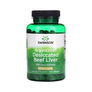 Frasco de Fígado Bovino Dessecado Argentino 500mg com 120 cápsulas da Swanson, suplemento natural rico em nutrientes.