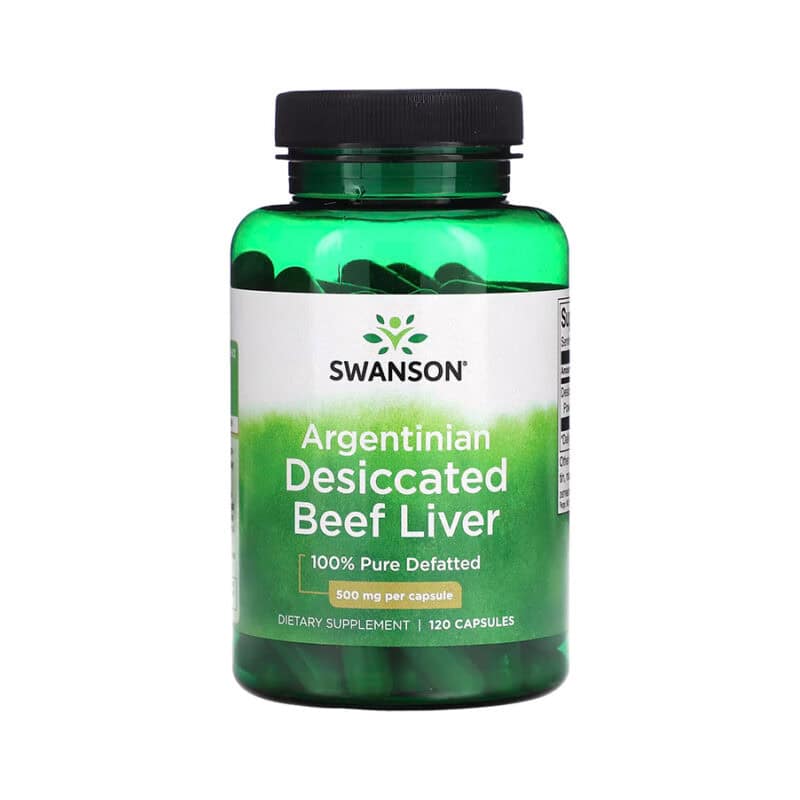 Frasco de Fígado Bovino Dessecado Argentino 500mg com 120 cápsulas da Swanson, suplemento natural rico em nutrientes.