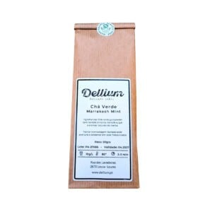 Saqueta de Chá Verde Marrakesh Mint 50g da Dellium, mistura aromática com hortelã inspirada na tradição marroquina.