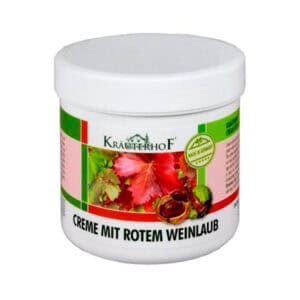 Frasco do Creme Mit Rotem Weinlaub 250ml da Kräuterhof, cuidado revitalizante com folha de videira vermelha para pernas cansadas.