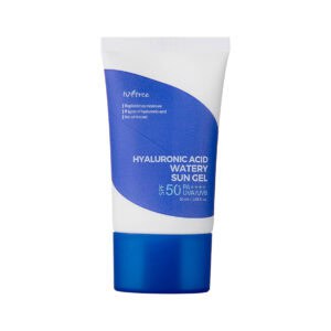 Frasco do Gel Solar Aquoso de Ácido Hialurónico SPF50 50ml da Isntree, protetor solar leve e hidratante para o rosto.