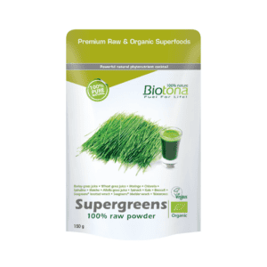Embalagem do Supergreens 100% Raw Pó Bio 150gr da Biotona, superalimento em pó com mistura de vegetais e algas