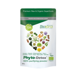Embalagem do Phyto-Detox 100% Purifying Pó Bio 200gr da Biotona, mistura detox de ingredientes vegetais em pó.
