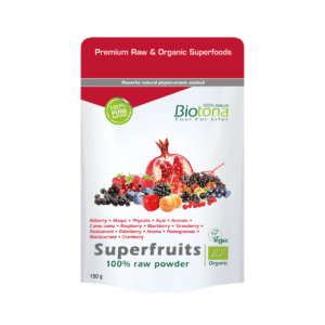 Embalagem do Superfruits 100% Raw Pó 150gr da Biotona, mistura de superfrutas em pó biológico.