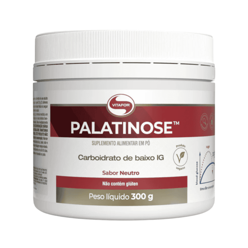 Pote de Palatinose Vitafor 300g em pó, suplemento energético de liberação lenta ideal para atletas e praticantes de atividades físicas