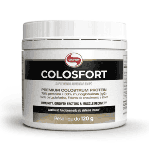 Suplemento Colosfort Vitafor em pote de 120g, pó branco em embalagem com tampa roxa, indicado para fortalecimento imunológico.