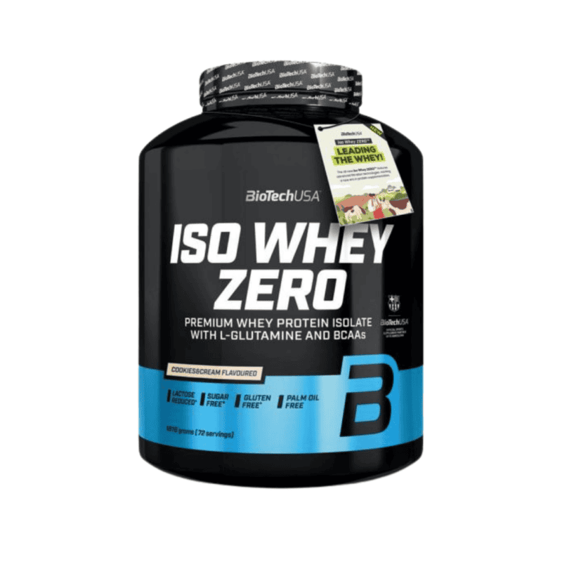 Suplemento proteico Iso Whey Zero 1816g sabor cookies & cream da Biotech USA em embalagem preta com detalhes azuis.