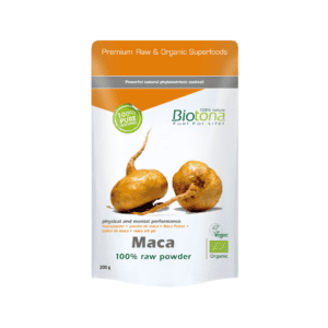 Embalagem de Maca 100% Raw em pó Biotona 200g, superalimento natural para energia e vitalidade.