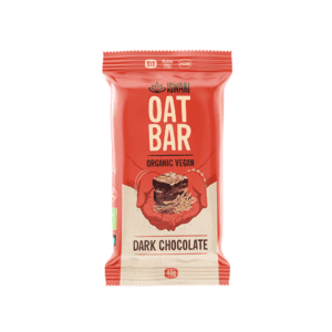 Barra de aveia Iswari sabor chocolate negro, biológica, em embalagem de 40g, snack saudável e energético.