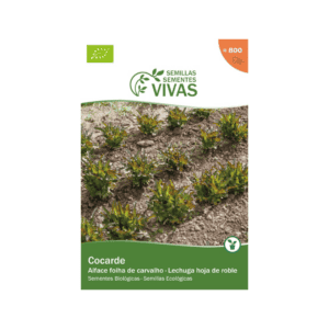 Pacote de sementes de Alface Cocarde 1g da Sementes Vivas, ideal para cultivo orgânico de alface com folhas verde-escuras e bordas avermelhadas.