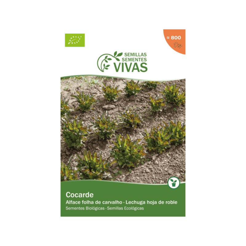Pacote de sementes de Alface Cocarde 1g da Sementes Vivas, ideal para cultivo orgânico de alface com folhas verde-escuras e bordas avermelhadas.