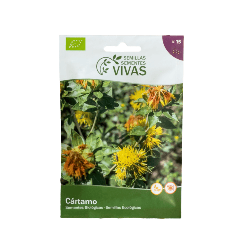 Sementes de cártamo 1g da marca Sementes Vivas em embalagem sustentável, ideais para cultivo orgânico.