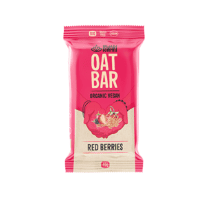 Barra de aveia Iswari sabor bagas vermelhas, biológica, em embalagem de 40g, snack nutritivo e energético.