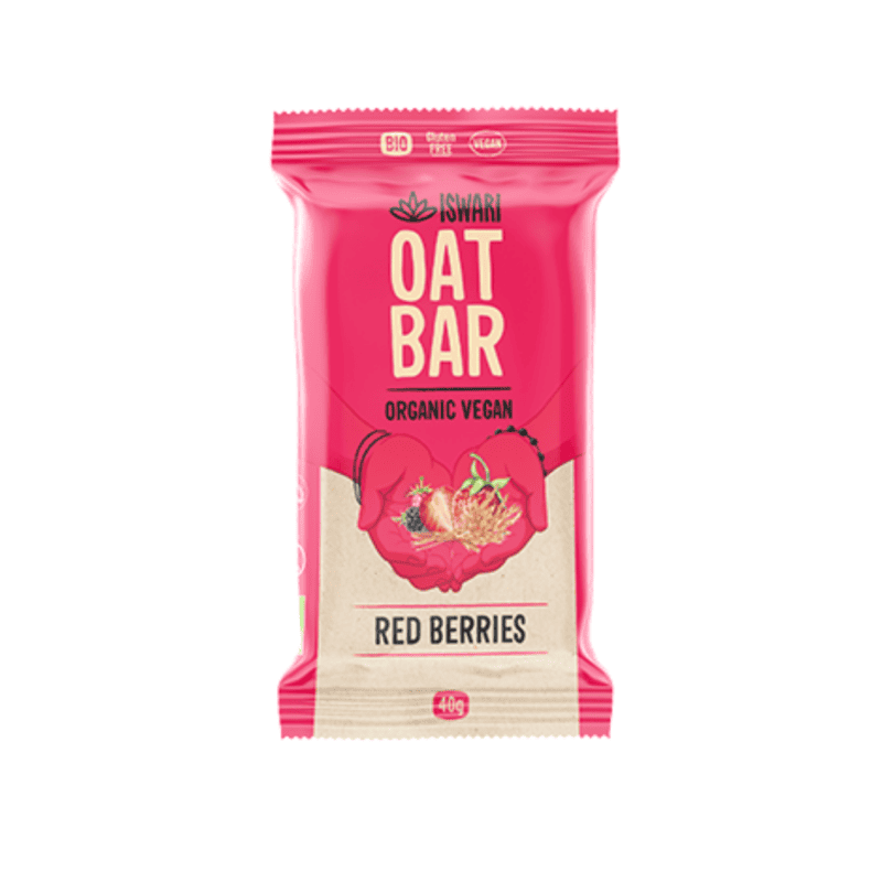 Barra de aveia Iswari sabor bagas vermelhas, biológica, em embalagem de 40g, snack nutritivo e energético.